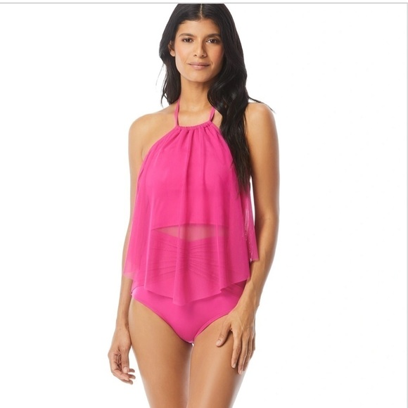 Coco Reef Other - NWT Coco Reef Aura Mesh Ruffle Tankini Top pink Cerese 34 D